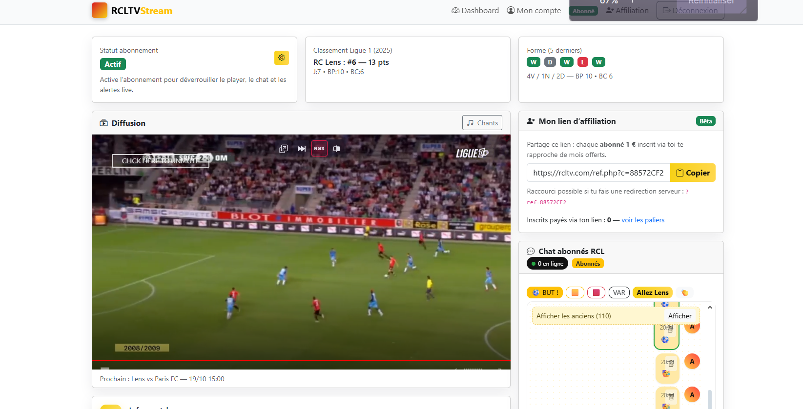 Dashboard joueur + chat