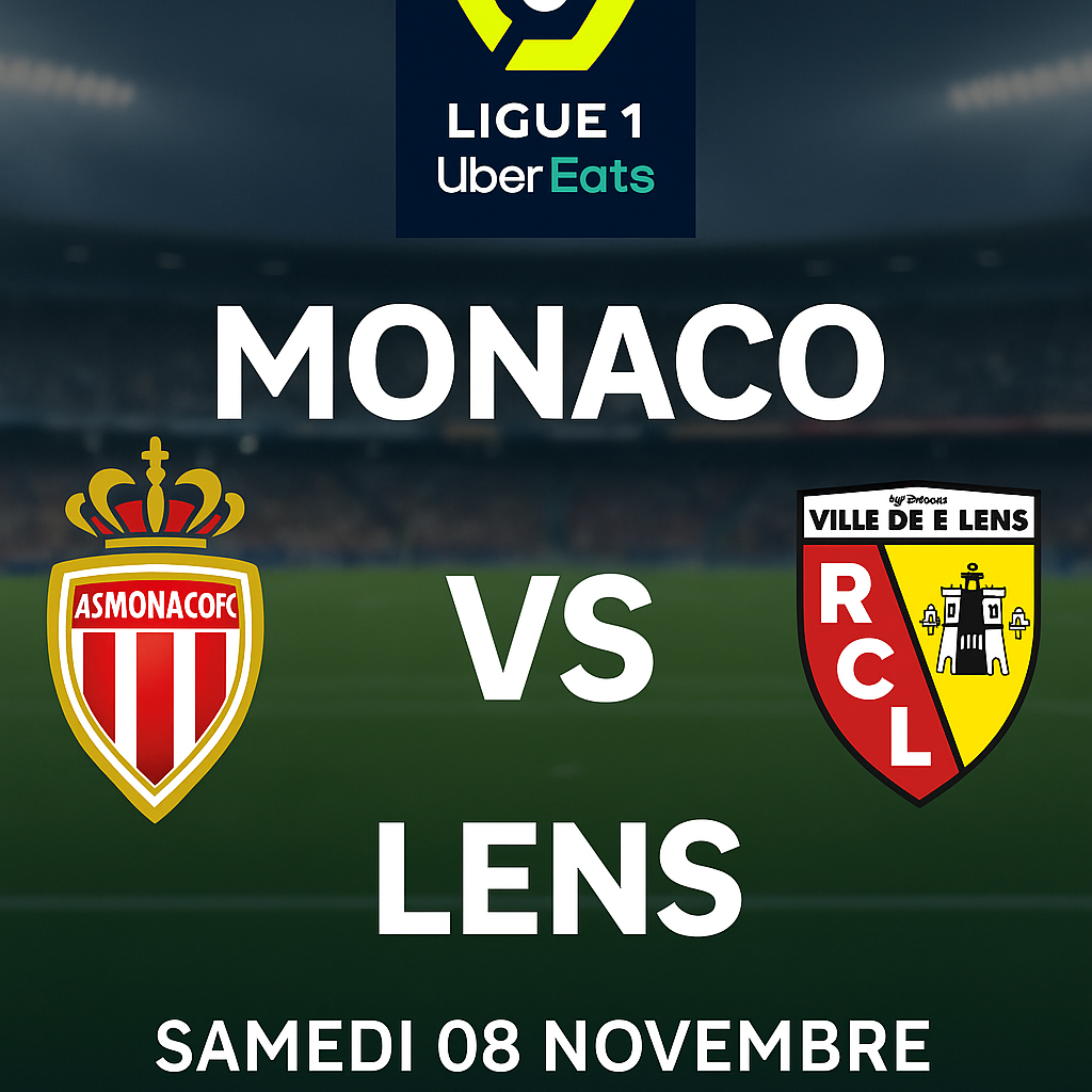 Affiche du match AS Monaco - RC Lens du samedi 8 novembre 2025